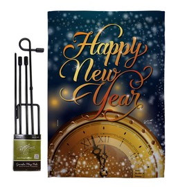 Angeleno Heritage Countdown New Year Garden Flag Set with Stand Winter Clock Champagne Party Fireworks Celebrate House Decoration Banner Small Yard Gift Double-Sided, Made in USA