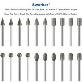 20Pcs 120-Grit Diamond Grinder Bit 1/8" Shank with 2 Collets Compatible with Dremel Rotary Tool Attachment Accessories Grinding Burrs for Stone Glass Resin Porcelain Ceramic Quartz Glaze Steel Carve
