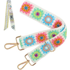 Dexspoeny Purse Straps Replacement Crossbody Set includ 1 Silk Scarf, Vintage Shoulder Strap Purse Strap, Crochet Flower Guitar Strap, Adjustable Wide Purse Strap for Girl Women Gift
