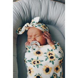 Sunflower swaddle and headband set, handmade stretchy soft cotton (0-6 m headband, Sunflower)