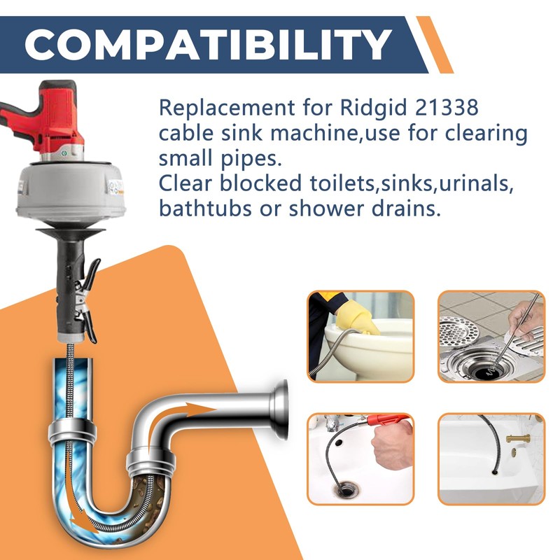 21338 Spin Drain Cable Replacement for Ridgid Auto-Spin Drain Snake,