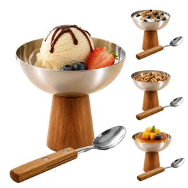 Lonshield Stainless Steel Dessert Bowls Set of 4 with Wooden Base & Spoons, 4.5in Large 18/8 Serving Bowls, Dishwasher Safe for Fruit & Appetizers