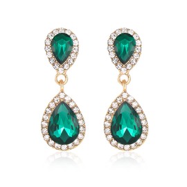 Emerald Green Vintage Rhinestone Teardrop Dangle Earrings Dangling Drop Earrings Fancy Crystal and Gold Chandelier Earrings for Women Wedding Bridal Prom