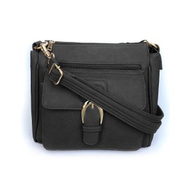 Roma Leathers Concealed Carry Cross Body Handbag - Premium Black Vegan Leather - Adjustable, Detachable, and Wire Reinforced Shoulder Strap - Front Buckle Closure - Dual Gun Entry - Designed in U.S.A