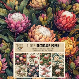 Decoupage Paper Pack (24 Sheets 6"x6") Botanical Elegance: Stunning Protea Blooms in Varied Color Palettes for Bold Crafting # Vintage Styled Paper for Craft and Scrapbooking