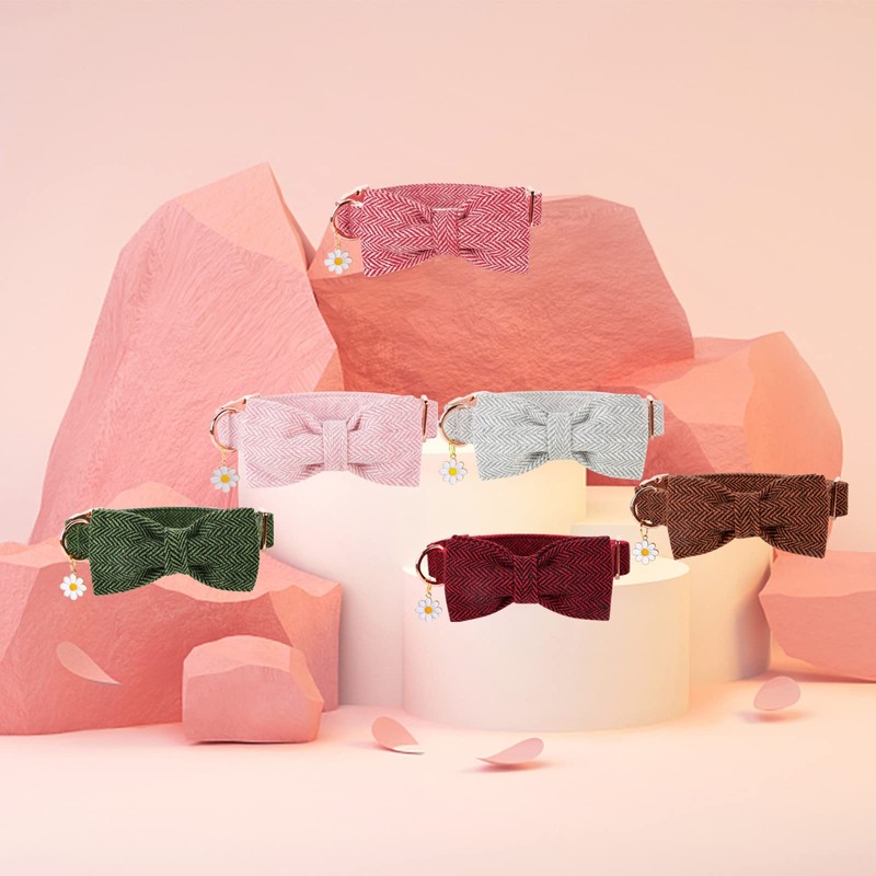 Elegant Little Tail Dog Collar with Bow - Herringbone Grey,