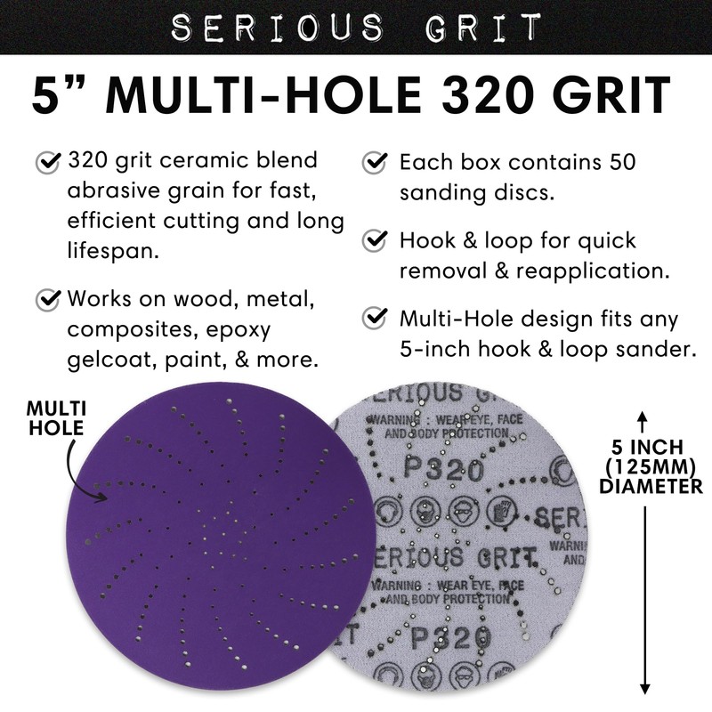 Serious Grit 5-Inch 320 Grit Ceramic Multi-Hole Hook & Loop