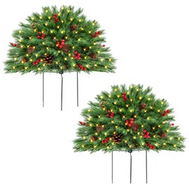 ENVEN Outdoor Christmas Tree Frosted Urn Filler 2 Set, Pre-lit Artificial Xmas Tree with Cones & Red Berries, Small Christmas Tree with 70 Warm Lights 8 Modes & Timer