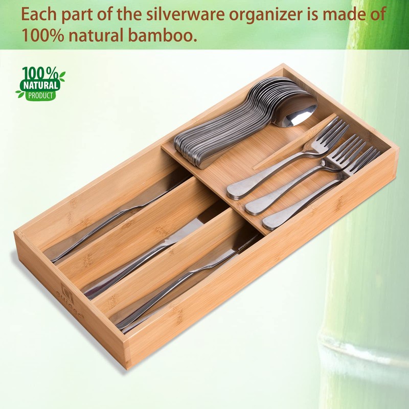 guiogc Bamboo Silverware Organizer, Kitchen Silverware Drawer Organizer, Utensil Tray