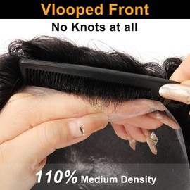 BEEOS 0.08mm Thin Skin Toupee for Men, V-looped Front and No Knots Real Human Hair Mens Hair piece, 8x10 Inch Mens Toupee 110% Medium Density #1C Black