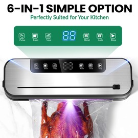 6-in-1 Vacuum Sealer Professional for Food with 50 Vacuum Bags and 1 Hose for Vacuum Containers, 75 Kpa Fully Automatic Sealing Device with Cutter and Digital Countdown