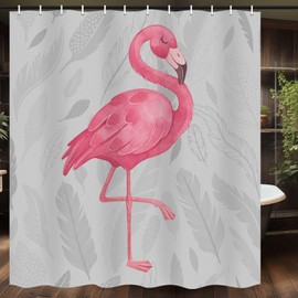 Cute Flamingo Shower Curtain, Pink Grey Bathroom Shower Curtains, Modern Art Boho Bath Curtains Set with Hooks, 71x71 Inches