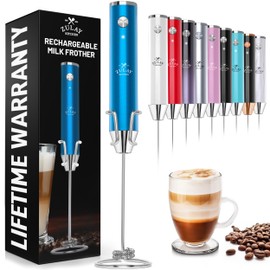 Zulay Kitchen Lux Rechargeable Milk Frother Handheld - Powerful 2-Speed Motor, Fully Waterproof, 2000mAh Battery - Drink Mixer For Latte, Cappuccino, Matcha, Protein Powder - Metallic Blue