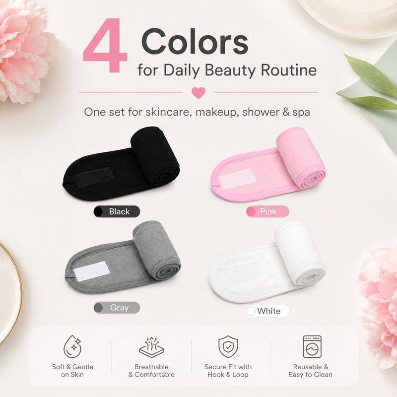 4 Pcs Terry Cloth Facial Headband for Women - Adjustable