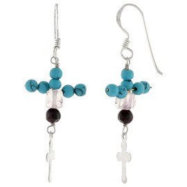 Sterling Silver Cross Earrings, Simulated Turquoise Beads & White Crystals, 1 7/8 inch tall