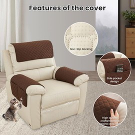 FANSU Armchair Covers for Arms Headrest Cover for Armchair Waterproof Slipcover with Side Pocket Nonslip & Washable & Abrasion Furniture Protector for Cat Dog Pets (3 Seater,Brown)