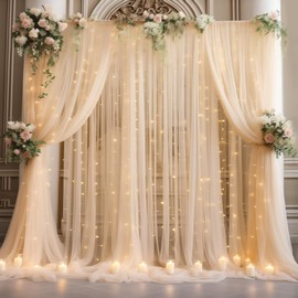 20x10ft Champagne Tulle Backdrop Curtain with Lights String for Parites, Sheer Photo Backdrop Curtains with Lights for Wedding Backdrop Ceremony Reception Bridal Shower Baby Shower Birthday Party