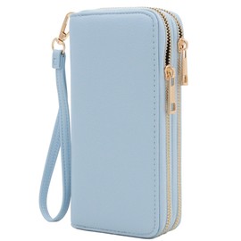 FashionPuzzle Double Zip Around PU Leather Wristlet Cell Phone Wallet (Light Blue)