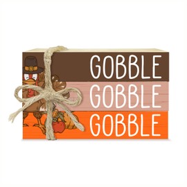 Fall Tiered Tray Decor, Gobble Gobble Gobble Wooden Book Stacks with Hemp Rope, Rustic Decorative Books for Farmhouse Decor, Home Faux Stacked Books, Autumn Wooden Block Sign for Thanksgiving (08)