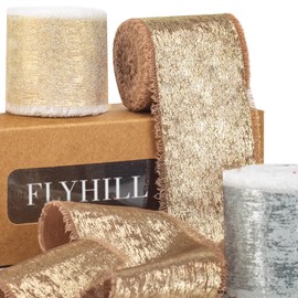 Flyhill Shimmering Frayed Soft Metallic Chiffon Silk Ribbon with Champagne Gold,White,Brown for Sewing Projects,Bridal Flower Bouquet,Wedding Invitations,Napkin Rings-1.5in x 15 Yard (3 Rolls)