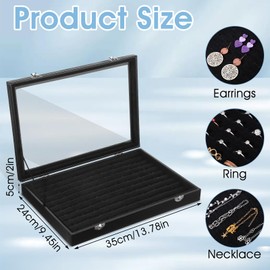 mekueeex 2 Pcs 100 Slots Ring Organizer Box with Transparent Glass Lid Necklace Display Tray Ring Case Velvet Jewelry Holder (Black)