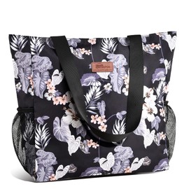 HOMESPON Large Waterproof Beach Tote Bag with Zip and Pockets for Women (Floral)
