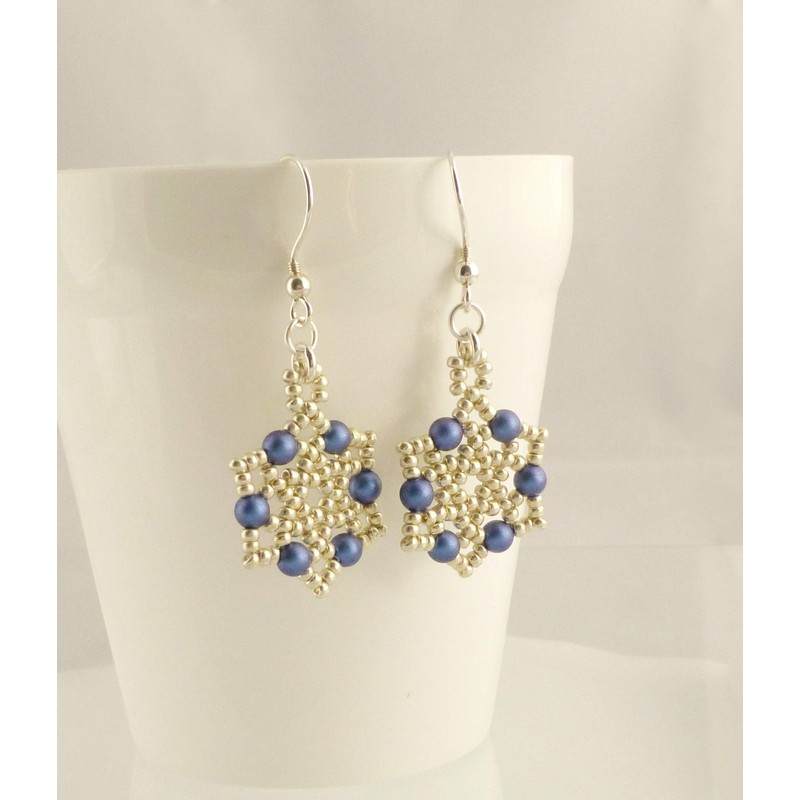 Silver and Midnight Blue Beaded Dangle Earrings