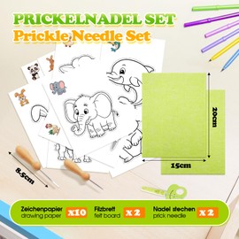 JUNUNDJING Children's pricking needle set, embroidery pictures for children, primrose needles set children from 3 years, embroidery children's set with 10 embroidery pictures, 2 pricking felt, 2