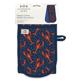 Double Oven Gloves - Organic Cotton - Artistic Lobster Design by Catherine Rowe - Stylish Kitchenware