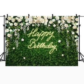 Riyidecor Happy Birthday Backdrop for Women Neon Flower Wall White Rose Green Leaves Floral Blossom Botanical Plant 7Wx5H Feet Nature Photography Background Girls Photo Studio Shoot Polyester Fabric