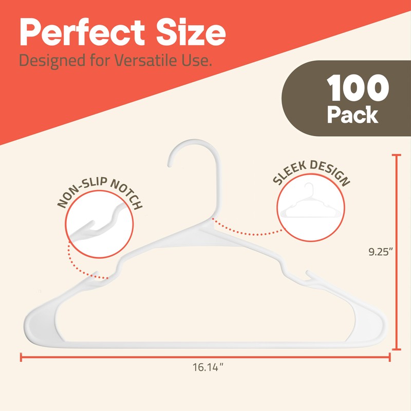 White Plastic Hangers 100 Pack– Heavy-Duty Plastic Hangers Slim and