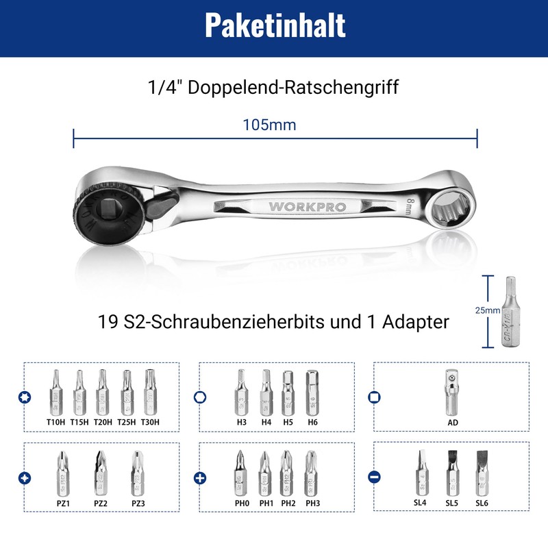 WORKPRO Mini-Ratschen-Set, 1/4" Umschaltknarre, 72-Zahn Ratschengriff, Ratschenschlüsselsatz, mit 20 Zubehörteilen,