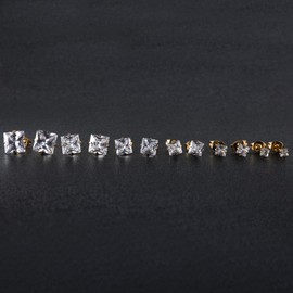 6 Pairs Surgical Stainless Steel Screw back Stud Earrings, 18K Gold Plated Heart Square Princess Cut Round Cubic Zirconia CZ Stud Earrings Set (Gold square butterfly back)