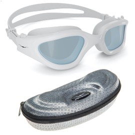 AqtivAqua Polarized Swim Goggles Swimming Goggles for Adult Men Women Kids 6-14 Youth Girls Boys Childrens DX-P (All White frame, Silver case, Polarised lens)