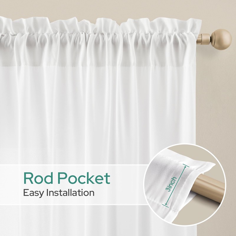 HOMEIDEAS Non-See-Through White Privacy Sheer Kitchen Curtains 24 Inches Long