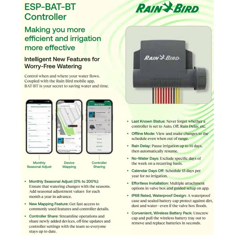 Rain Bird ESP-BAT-BT1 Advanced Bluetooth Battery-Operated Controller 1 Zone App-Controlled