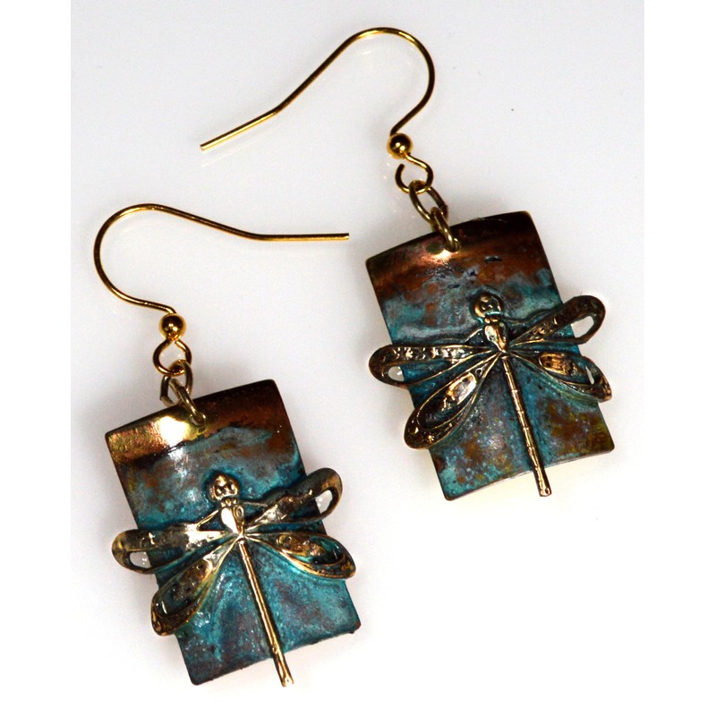 Verdigris Patina Solid Brass Dragonfly on Barrel Shaped Rectangle Dangle