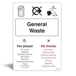 Pack of 2 General waste WRAP Recycling Bin Signs - Waterproof Indoor/Outdoor Vinyl Stickers - Wheelie Bin and Waste Containers Signs - Recycling Signs with symbols