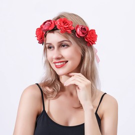 Flower Crown Rose Peony Garland Headband Hair Wreath Floral Headpiece with Adjustable Ribbon Wedding Festival Party (red)