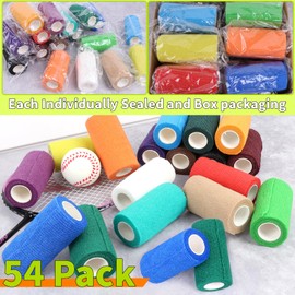 54 Pack Colorful Self Adhesive Bandage Wrap Bulk 4 Inch x 5 Yards Cohesive Bandage,Vet Wrap Breathable Elastic Self-Adherent Tape for Stretch Athletic Sports Wrist Ankle Dogs Pet Vet Wrap