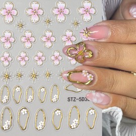4 Sheets Flower Nail Stickers for Nail Art 5D Self Adhesive Spring Nail Art Stickers White Pink Flower Nail Decals Spring Nail Supplies Design for DIY Acrylic Nails for Women Girls