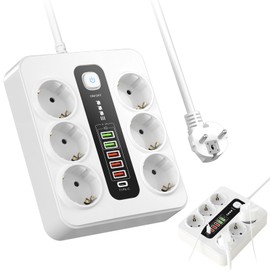 Steckdosenleiste mit USB Type-C, Steckdosenleiste Überspannungsschutz, Mehrfachstecker Steckdosenturm mit Schalter, Verlängerungskabel 2M für Zuhause(weiß)