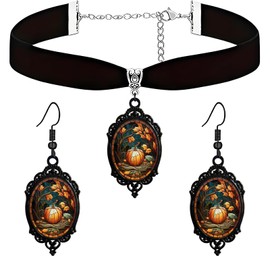 DEYOUM Halloween Gothic Jewelry Set for Women Cute Vintage Bat Ghost Witch Punk Crystal Glass Boo Dangle Drop Earrings and Velvet Style Mystic Choker Necklace Jewelry (pumpkin maple)