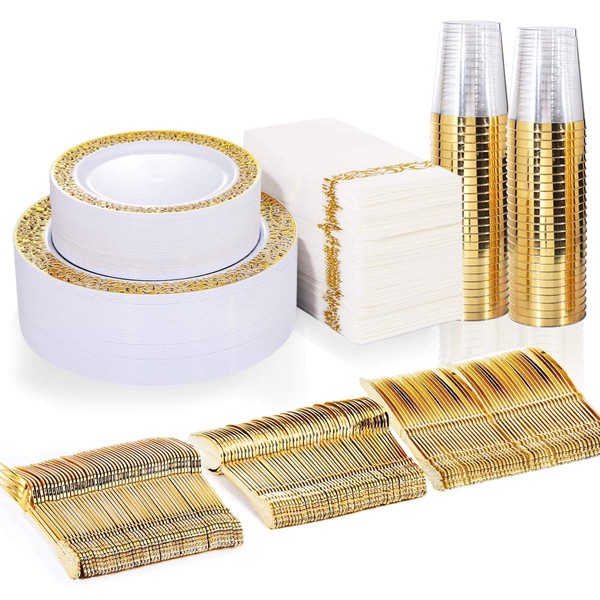 BUCLA 350PCS Gold Plastic Plates with Disposable Plastic Silverware&Hand Napkins, Gold Plastic Dinnerware Lace Design include 100 Plates,50 Forks, 50 Knives, 50 Spoons,50 Cups,50 Disposable Napkins