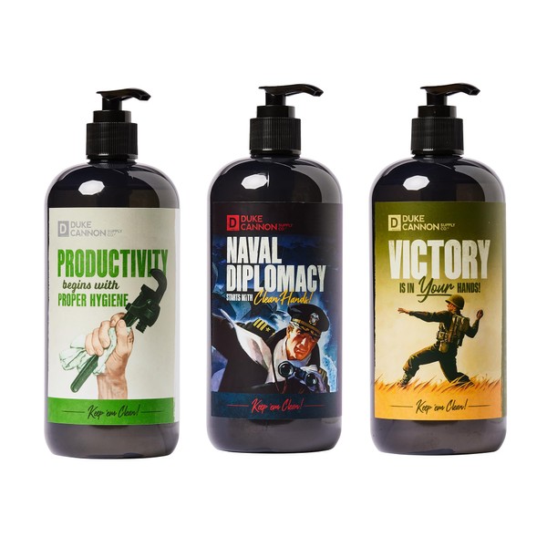 Duke Cannon Supply Co. Liquid Hand Soap Triple Play, 3 Pack Variety Set, 17 FL OZ. - Keep 'em Clean with Naval Diplomacy, Victory and Productivity