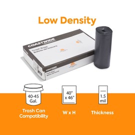 Coastwide 40-45 Gallon Industrial Trash Bag, 40" x 46", Low Density, 1.5 mil, Black, 100 Bags (CW25532)