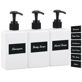Segus Soap Dispenser Set with Black Square Label, 3 Pieces, 280 ml, Small Empty Liquid Soap Pump Bottle for Bathroom Organiser, Refill with Shampoo, Shower Gel, Body Cream, Massage Oil, White