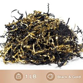 Wowxyz 1 LB Crinkle Cut Paper Shred Black & Gold Crinkle Shredded Paper for Gift Baskets - Gift Box Bag Filler - Confetti Stuffing for Birthday, Holiday Present Packaging Wrapping
