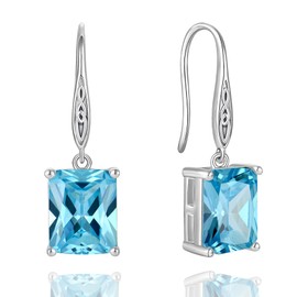 VESHON Blue Aquamarine Rectangle Cut Earrings 925 Sterling Silver Celtic Knot Hook Dangle Earring 8X10mm Solitaire Gemstone Birthstone Irish Jewelry Valentine's Day Gift for Wife Women