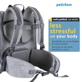 petisfam Ergonomic Design Pet Backpack Carrier for Medium Cats and Small Dogs. Better stability and Less Turbulence, Well Padded, 4 Pockets, Breathable, Easy Storage